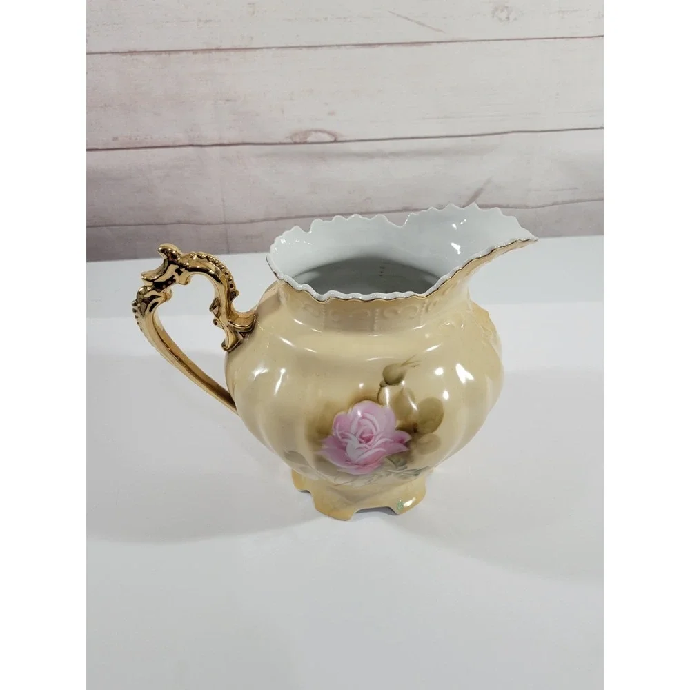 Lefton China Porcelain Pitcher 3114 Hand Painted Beige Floral Gold Trim 6.5